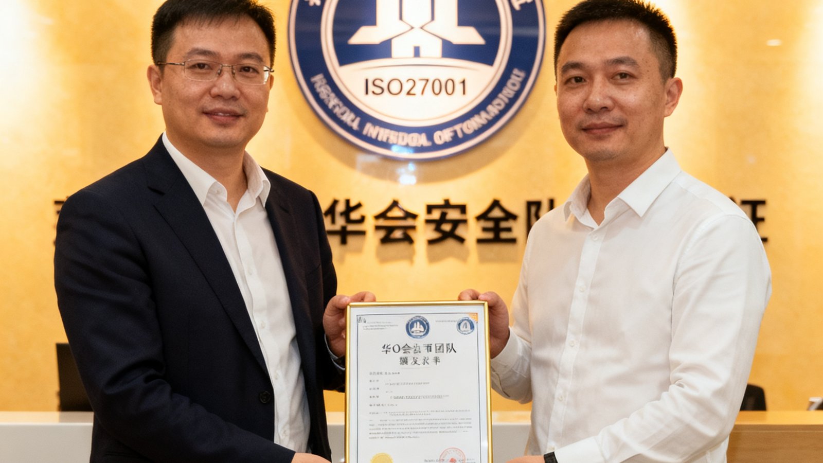 华体会安全团队代表在ISO27001信息安全管理体系认证颁发现场接受证书，背景为认证机构标志